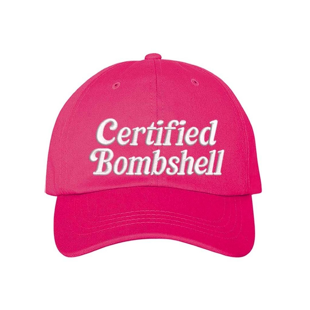 Hot Pink Certified Bombshell Embroidered Baseball Cap with adjustable strap and curved visor - DSY Lifestyle