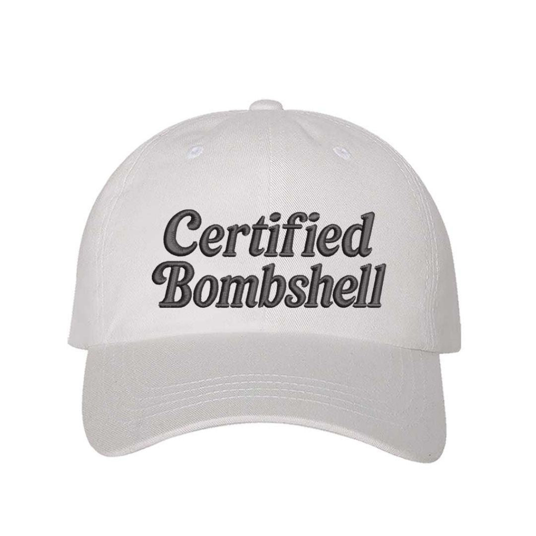 White Certified Bombshell Embroidered Baseball Cap with adjustable strap and curved visor - DSY Lifestyle