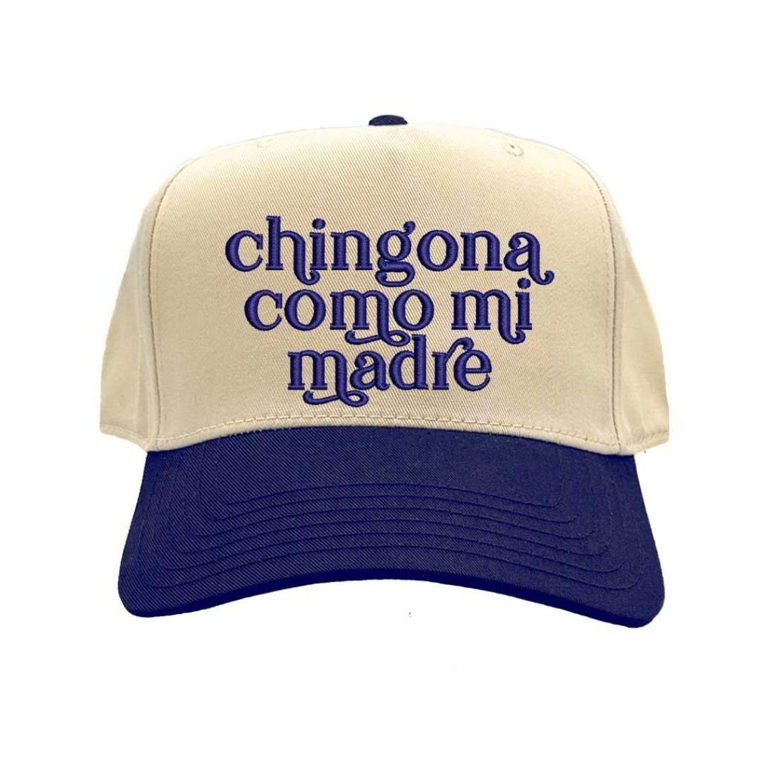 Natural Navy Blue Chingona Como Mi Madre Two-Tone Embroidered Baseball Hat front view - DSY Lifestyle
