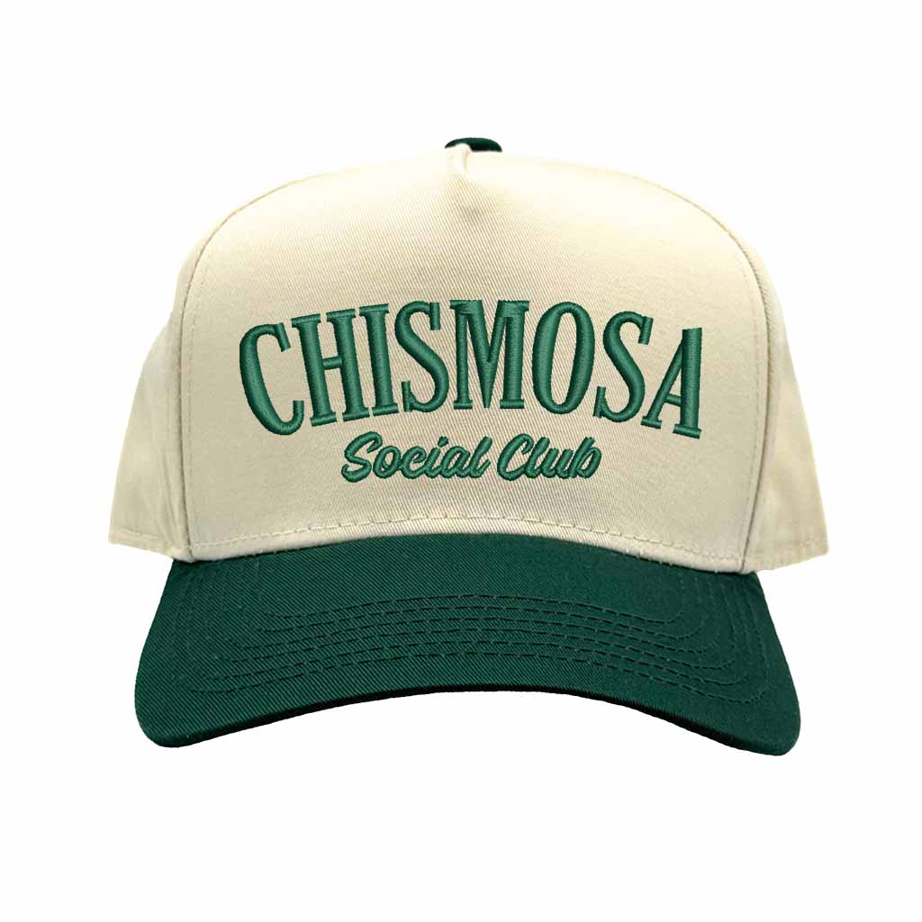 Natural Forest Green Chismosa Social Club embroidered 5 panel baseball hat with premium stitching and adjustable strap – DSY Lifestyle