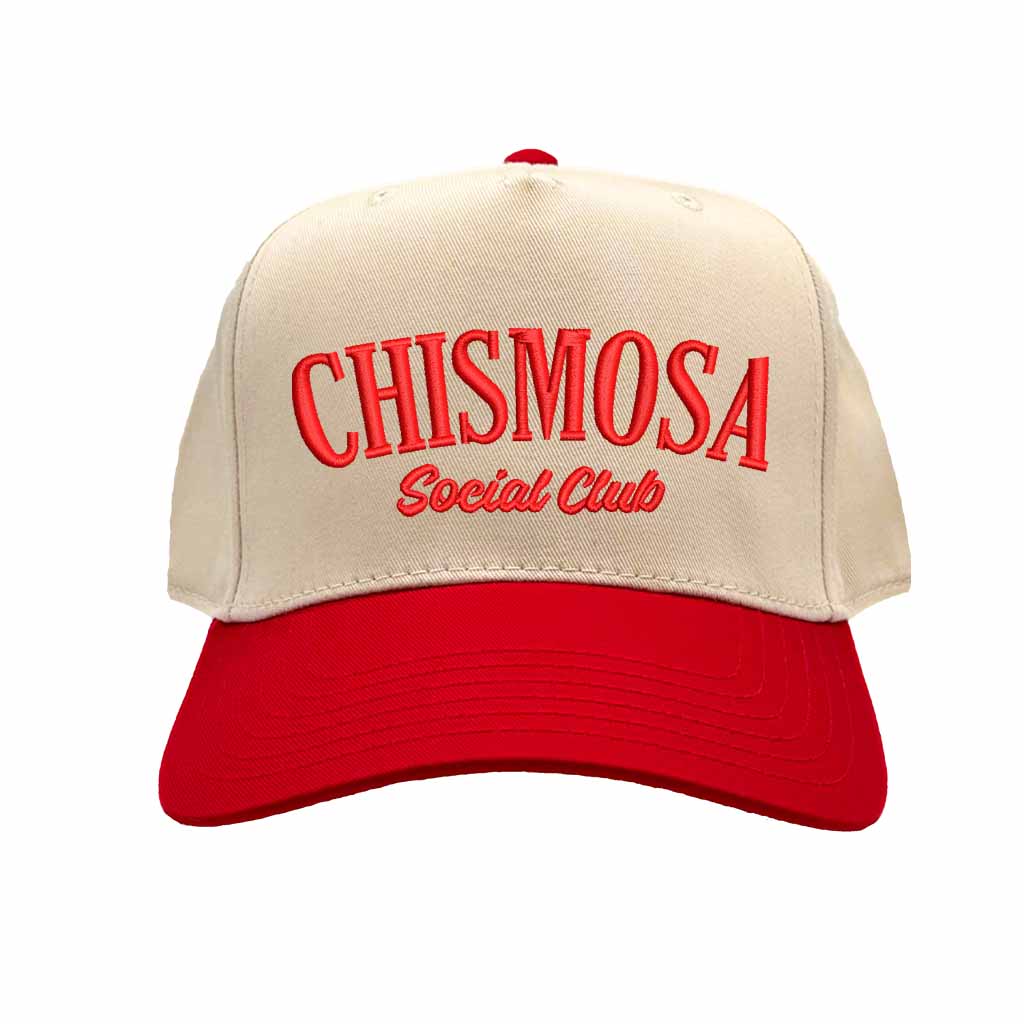 Natural Red Chismosa Social Club embroidered 5 panel baseball hat with premium stitching and adjustable strap – DSY Lifestyle