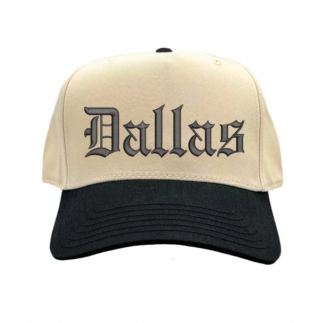 Natural Black Dallas Old English Two Tone Baseball Hat with embroidered lettering in bold Old English font, two-tone design, and adjustable strap. - DSY Lifestyle