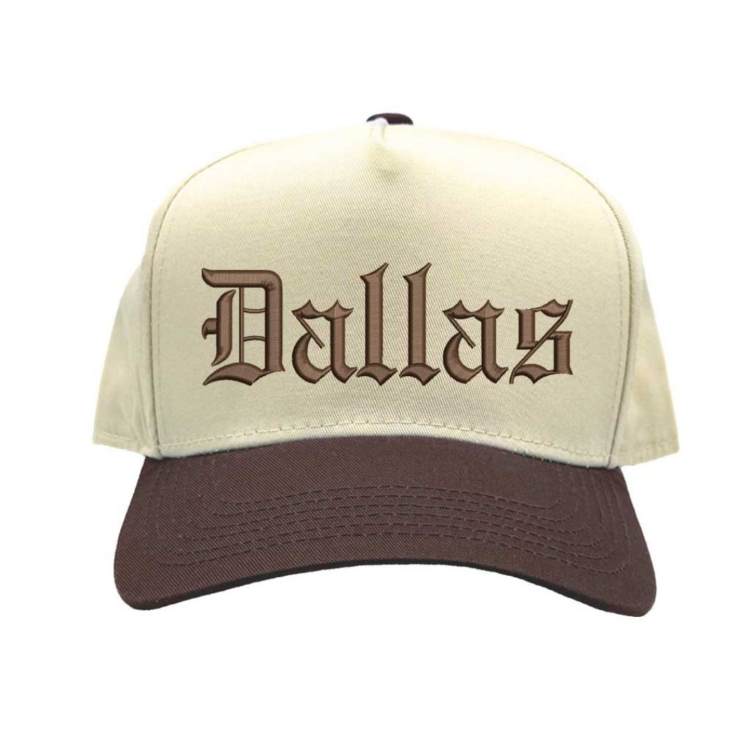 Natural Brown Dallas Old English Two Tone Baseball Hat with embroidered lettering in bold Old English font, two-tone design, and adjustable strap. - DSY Lifestyle