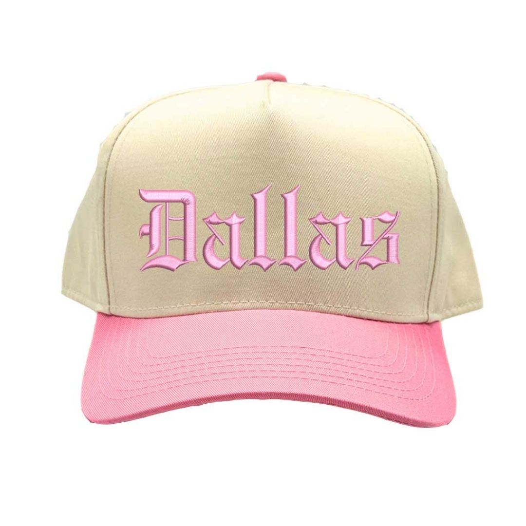 Natural Light Pink Dallas Old English Two Tone Baseball Hat with embroidered lettering in bold Old English font, two-tone design, and adjustable strap. - DSY Lifestyle