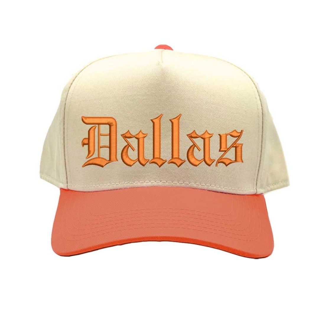 Natural Texas Orange Dallas Old English Two Tone Baseball Hat with embroidered lettering in bold Old English font, two-tone design, and adjustable strap. - DSY Lifestyle