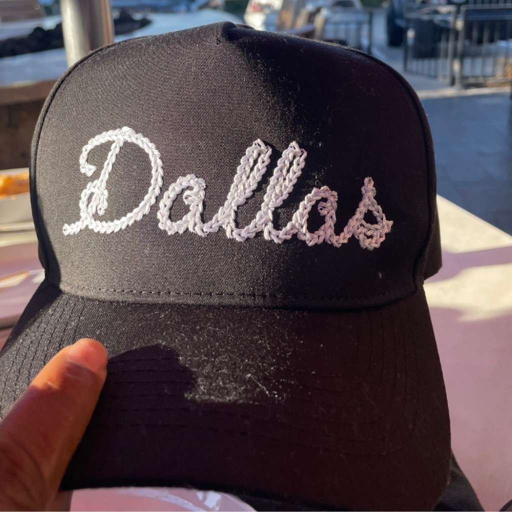 Black Dallas chain stitch 5-panel baseball hat with embroidered design, structured fit, and adjustable strap for a stylish and comfortable look - DSY Lifestyle