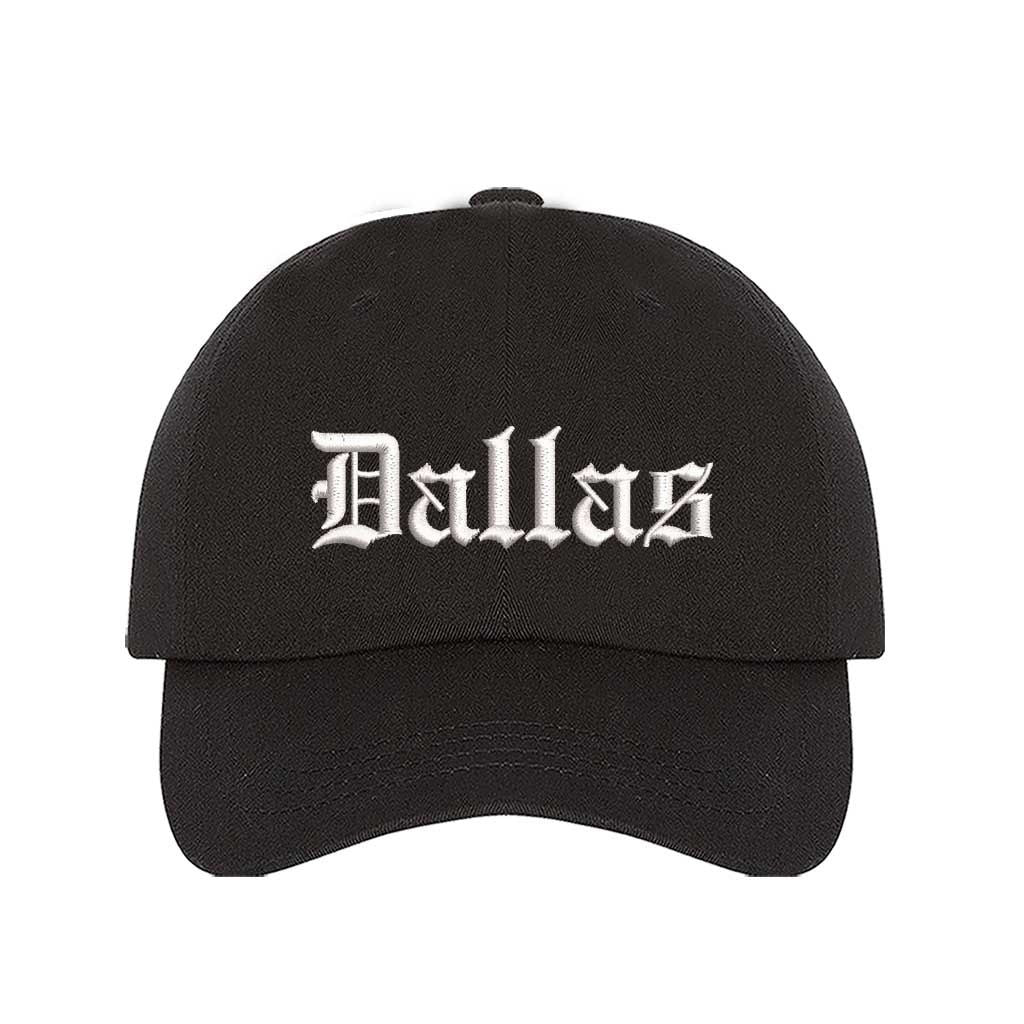 Black Dallas Old English Embroidered Baseball Hat in soft cotton with curved brim and adjustable hook and loop closure. DSY Lifestyle.