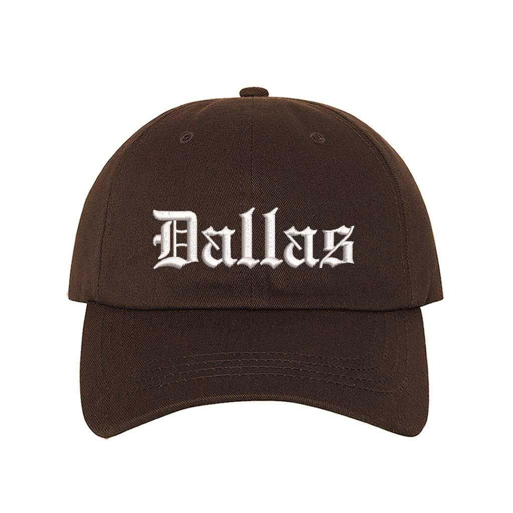 Brown Dallas Old English Embroidered Baseball Hat in soft cotton with curved brim and adjustable hook and loop closure. DSY Lifestyle.