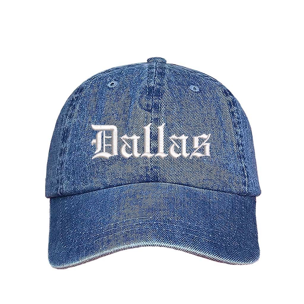 Light Denim Dallas Old English Embroidered Baseball Hat in soft cotton with curved brim and adjustable hook and loop closure. DSY Lifestyle.