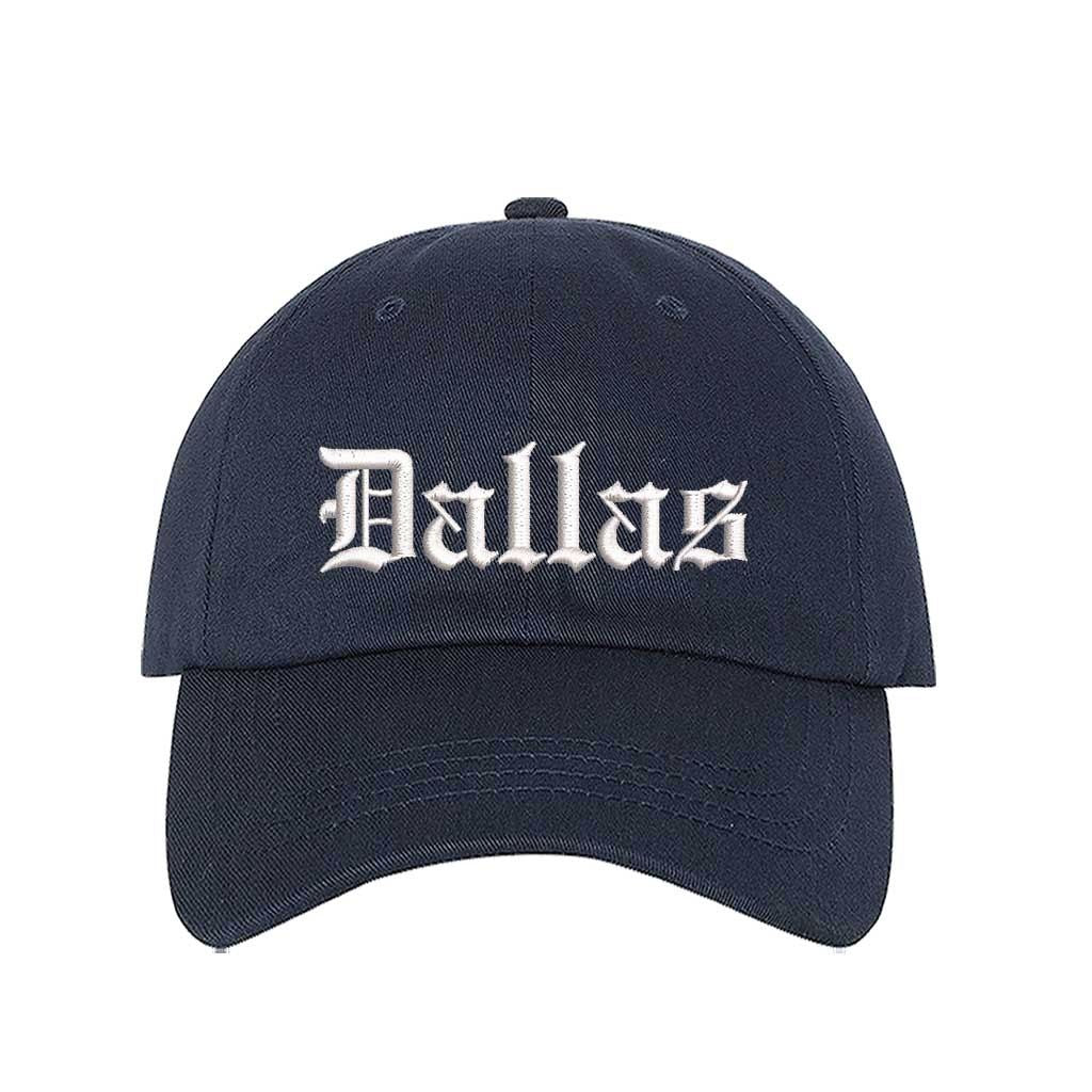 Navy Blue Dallas Old English Embroidered Baseball Hat in soft cotton with curved brim and adjustable hook and loop closure. DSY Lifestyle.
