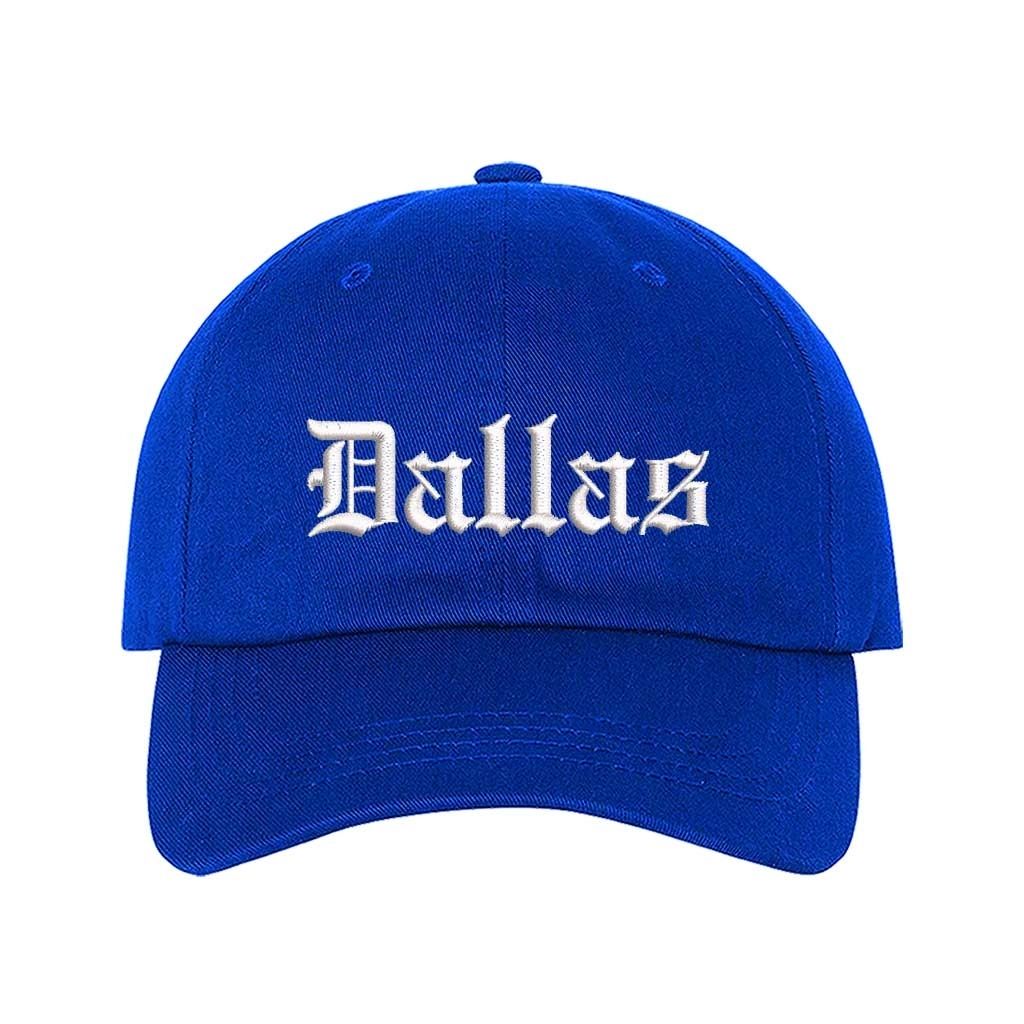Royal Blue Dallas Old English Embroidered Baseball Hat in soft cotton with curved brim and adjustable hook and loop closure. DSY Lifestyle.