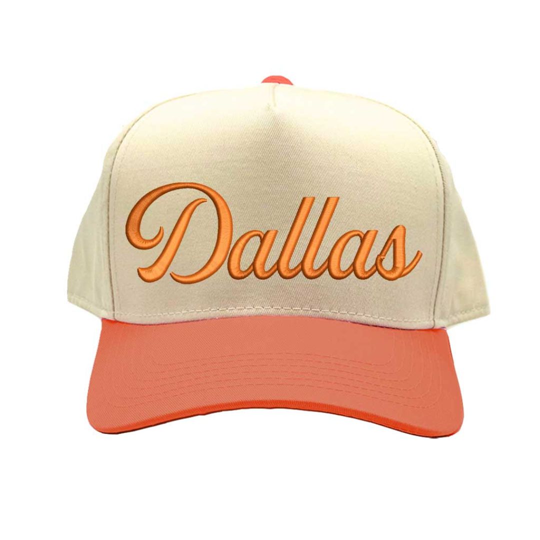 Natural Texas Orange Dallas Script 3D embroidered two-tone baseball hat with raised lettering, 5-panel retro design, and snapback closure – DSY Lifestyle.