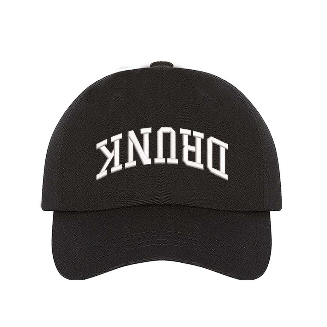 Black Drunk Upside Down Embroidered Baseball Hat featuring upside-down text design with adjustable strapback closure and breathable cotton fabric – DSY Lifestyle