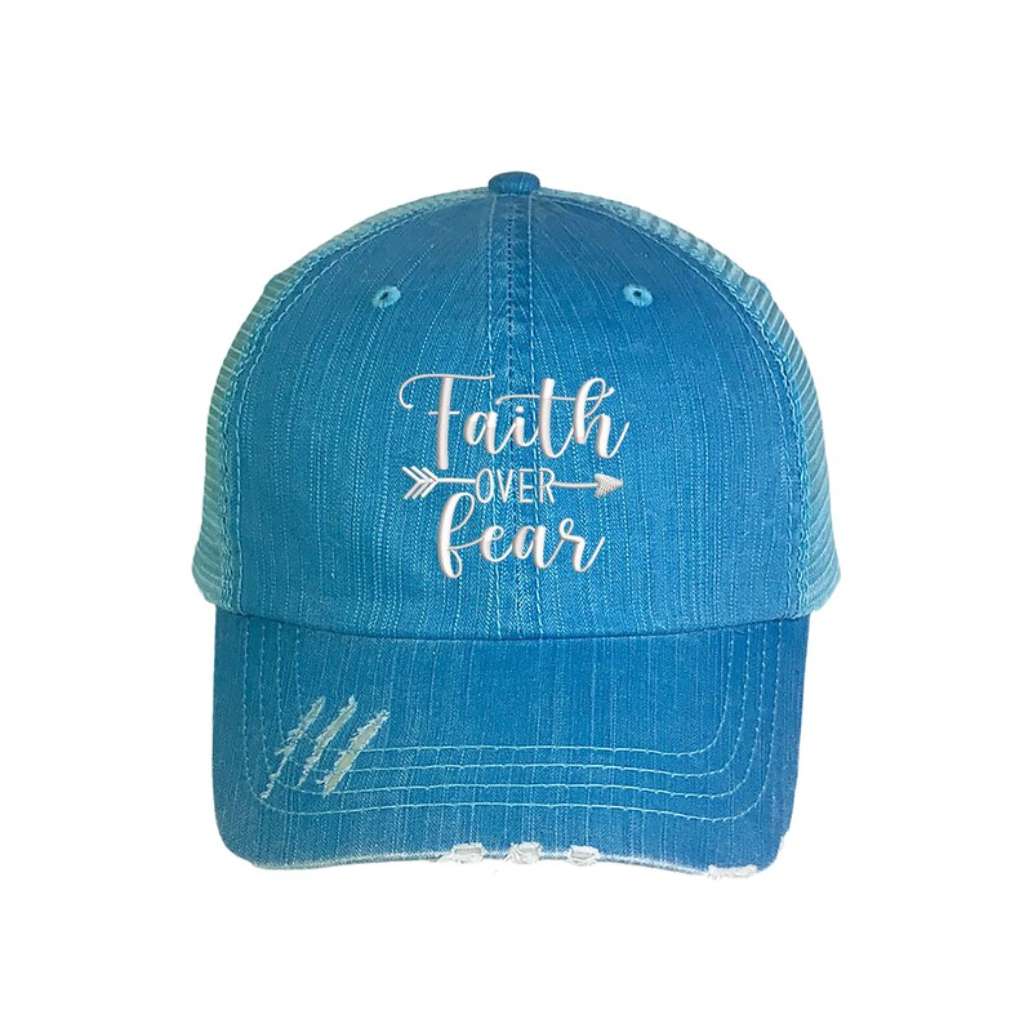 Faith Over Fear Embroidered Distressed Trucker Hat