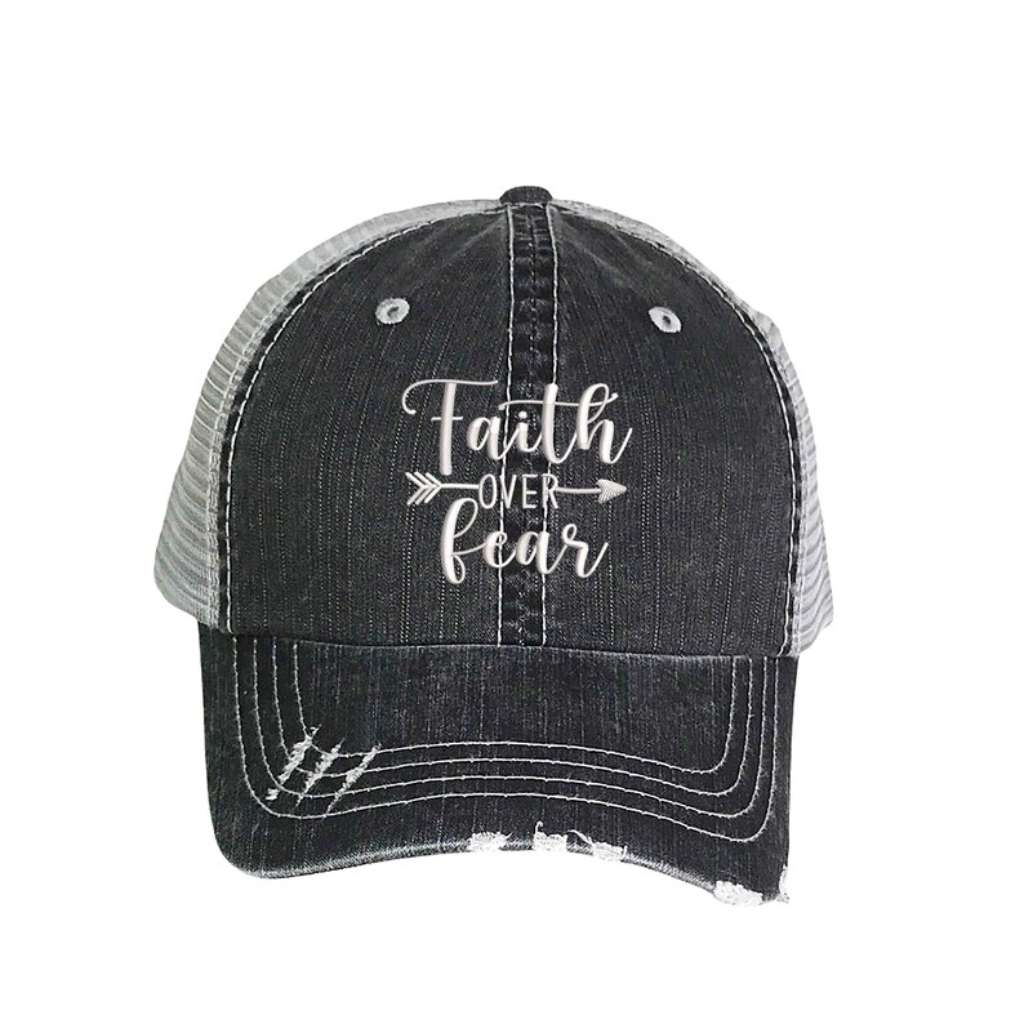 Faith Over Fear Embroidered Distressed Trucker Hat
