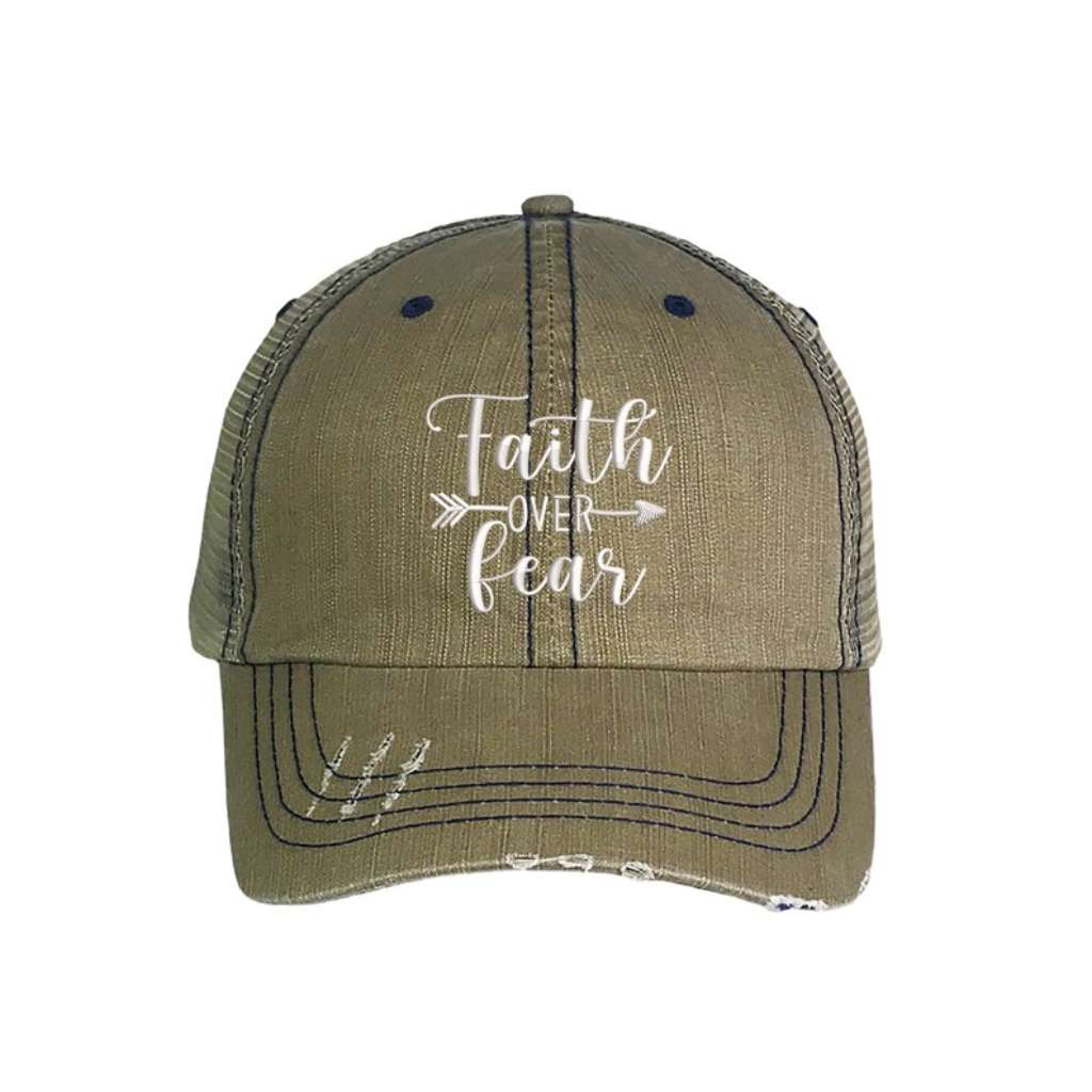 Faith Over Fear Embroidered Distressed Trucker Hat