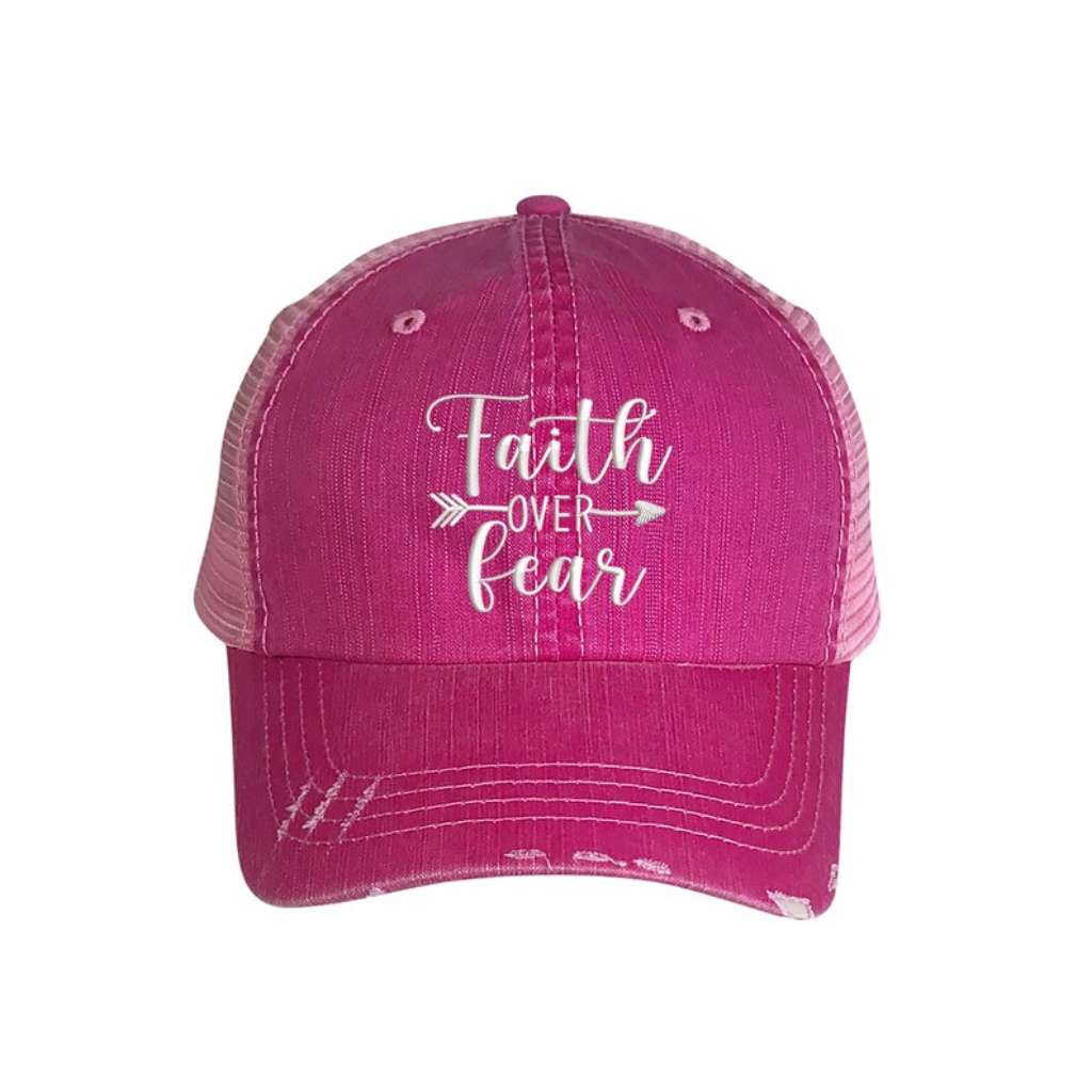 Faith Over Fear Embroidered Distressed Trucker Hat
