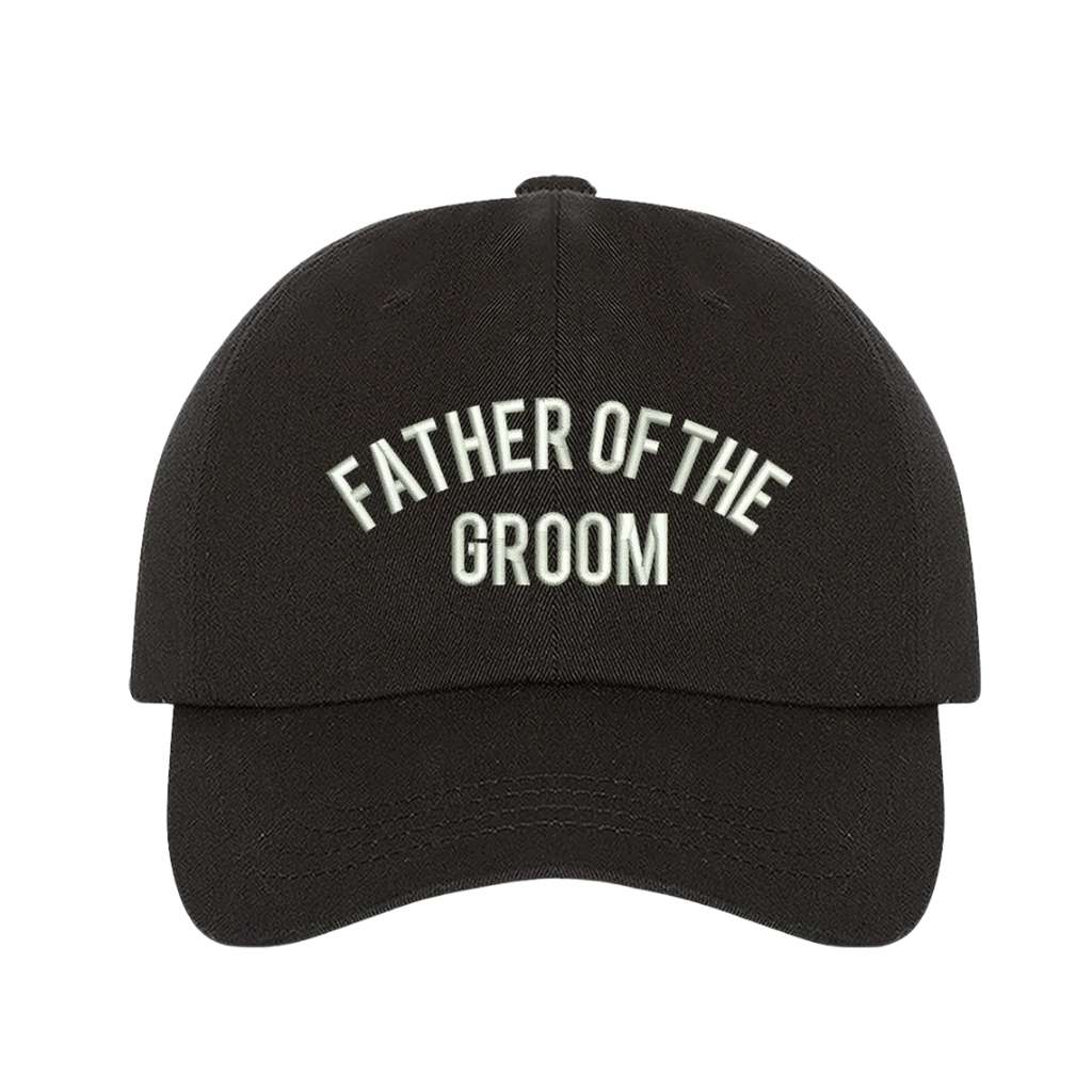 Black sleek embroidered baseball hat featuring Father of the Groom text, designed for proud dads celebrating their son&