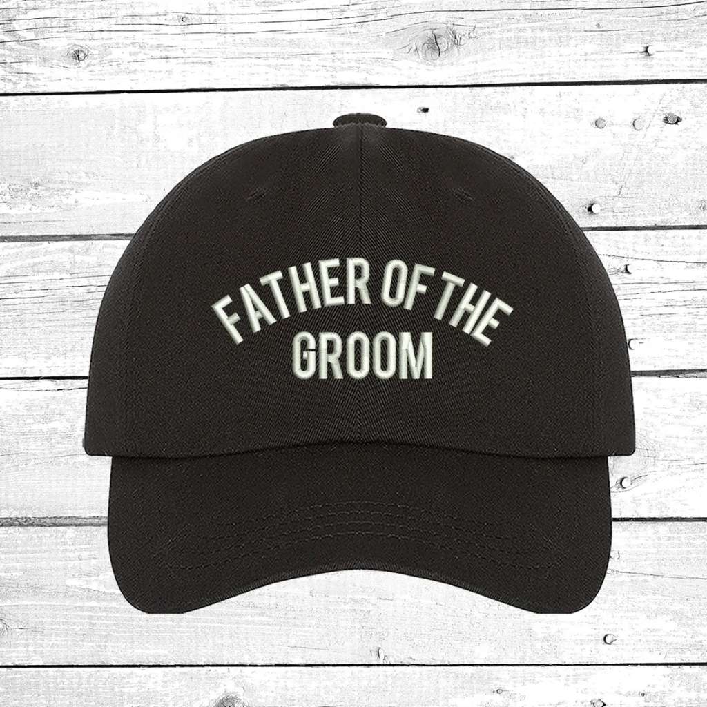 Black sleek embroidered baseball hat featuring Father of the Groom text, designed for proud dads celebrating their son&