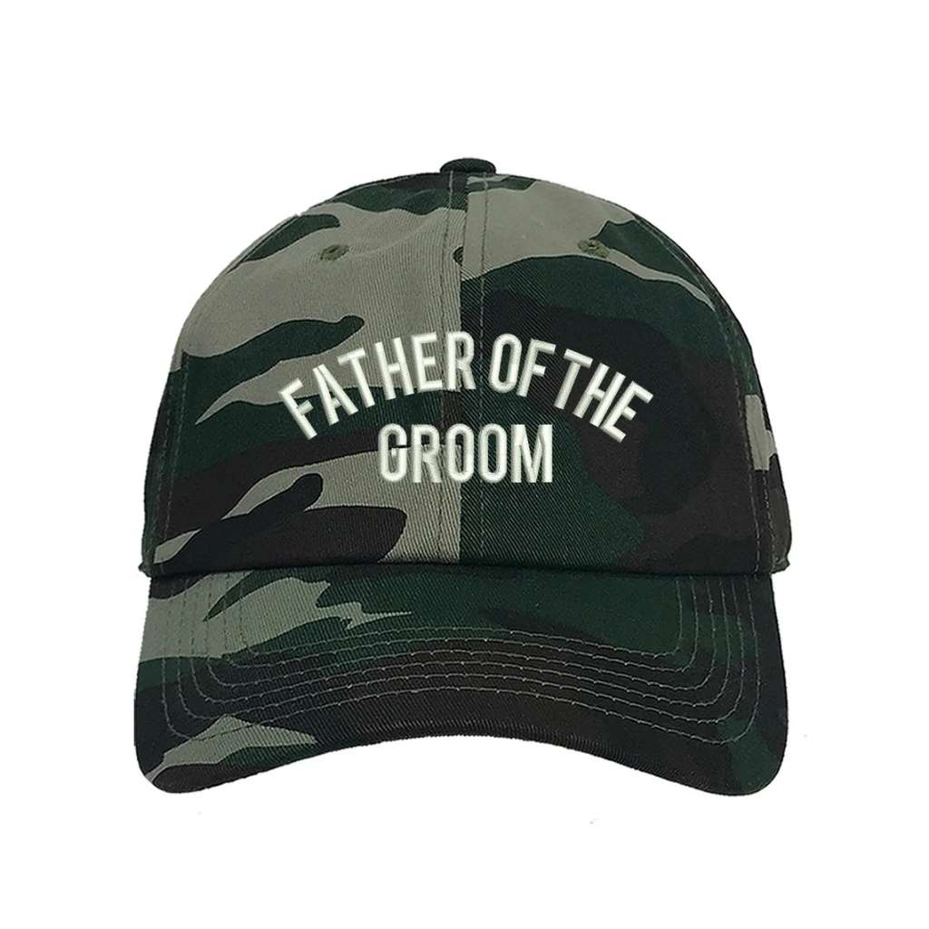 Camo Green sleek embroidered baseball hat featuring Father of the Groom text, designed for proud dads celebrating their son&