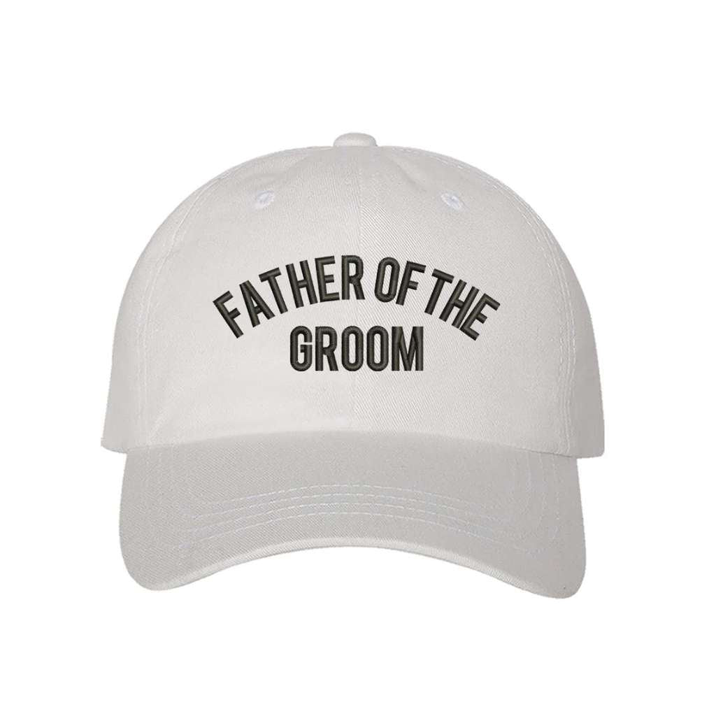 White sleek embroidered baseball hat featuring Father of the Groom text, designed for proud dads celebrating their son&