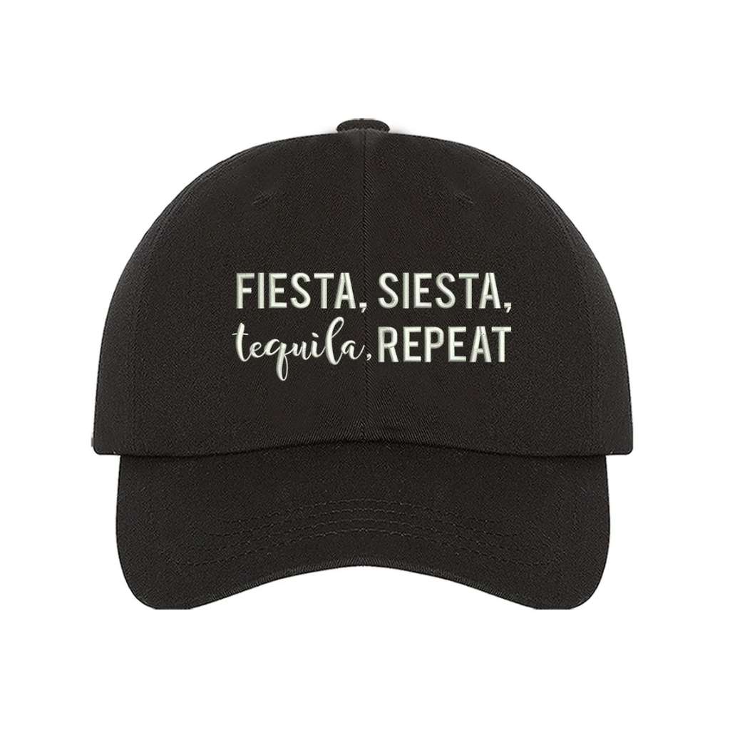 Black fun and festive embroidered baseball hat featuring the words Fiesta Siesta Tequila Repeat, perfect for partygoers, tequila lovers, and celebration vibes - DSY Lifestyle