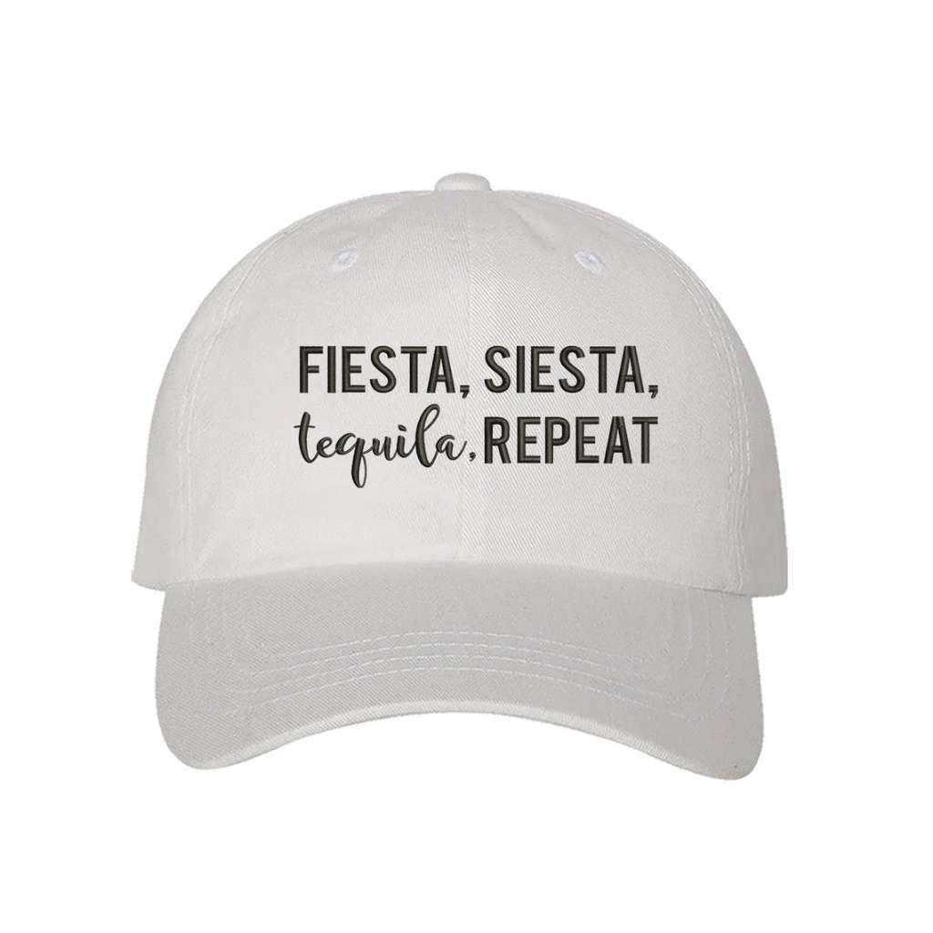 White fun and festive embroidered baseball hat featuring the words Fiesta Siesta Tequila Repeat, perfect for partygoers, tequila lovers, and celebration vibes - DSY Lifestyle