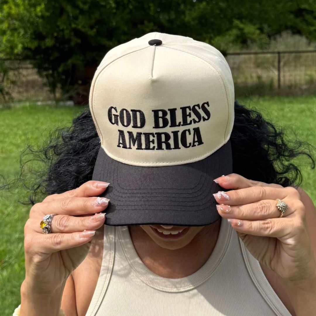 Natural Black Two-tone 5-panel baseball hat with "God Bless America" embroidered on the front, structured crown and snapback closure โ DSY Lifestyle