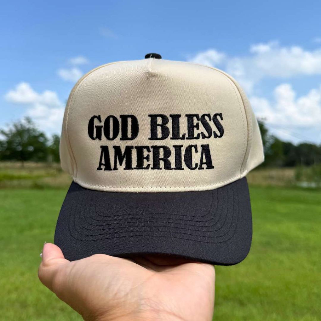 Natural Black Two-tone 5-panel baseball hat with "God Bless America" embroidered on the front, structured crown and snapback closure โ DSY Lifestyle
