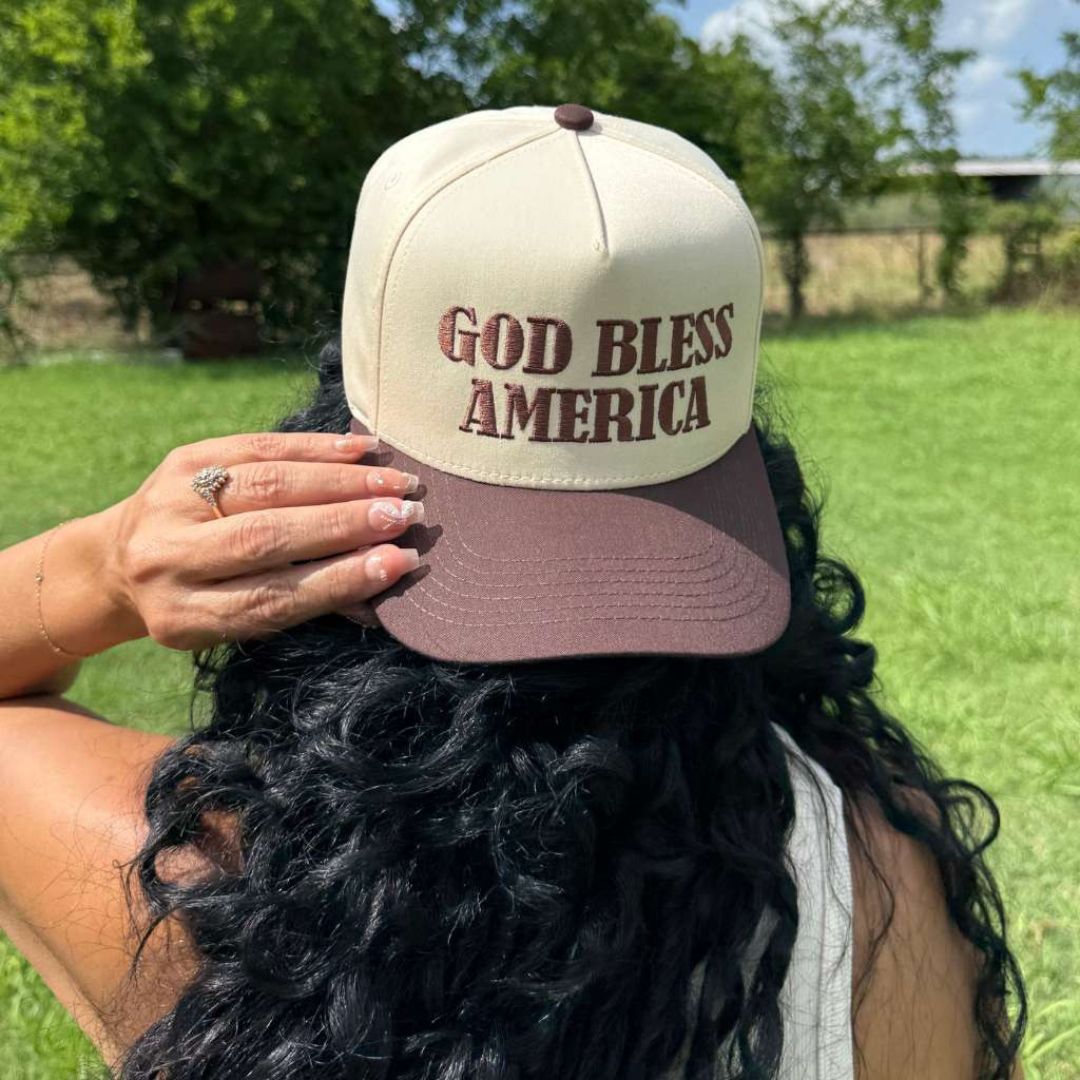 Natural Brown Two-tone 5-panel baseball hat with "God Bless America" embroidered on the front, structured crown and snapback closure โ DSY Lifestyle