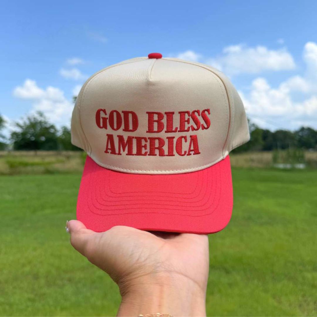 Natural Red Two-tone 5-panel baseball hat with "God Bless America" embroidered on the front, structured crown and snapback closure โ DSY Lifestyle