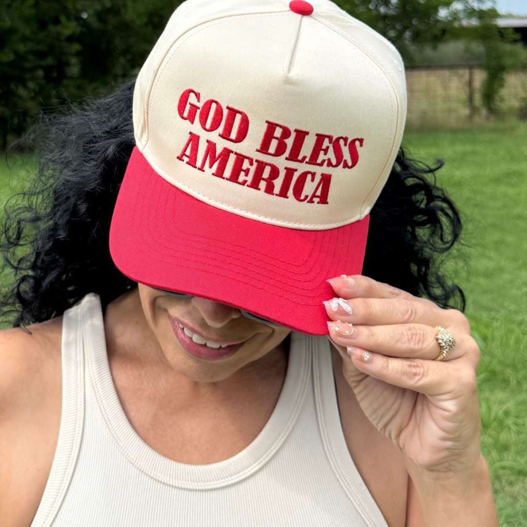 Natural Red Two-tone 5-panel baseball hat with "God Bless America" embroidered on the front, structured crown and snapback closure โ DSY Lifestyle