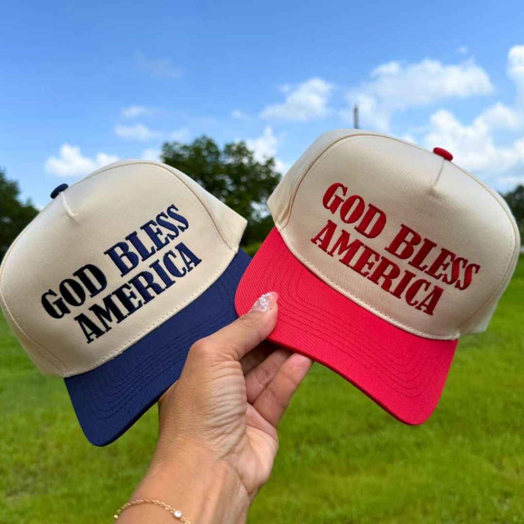 Natural Navy/Red set of Two-tone 5-panel baseball hats with "God Bless America" embroidered on the front, structured crown and snapback closure โ DSY Lifestyle