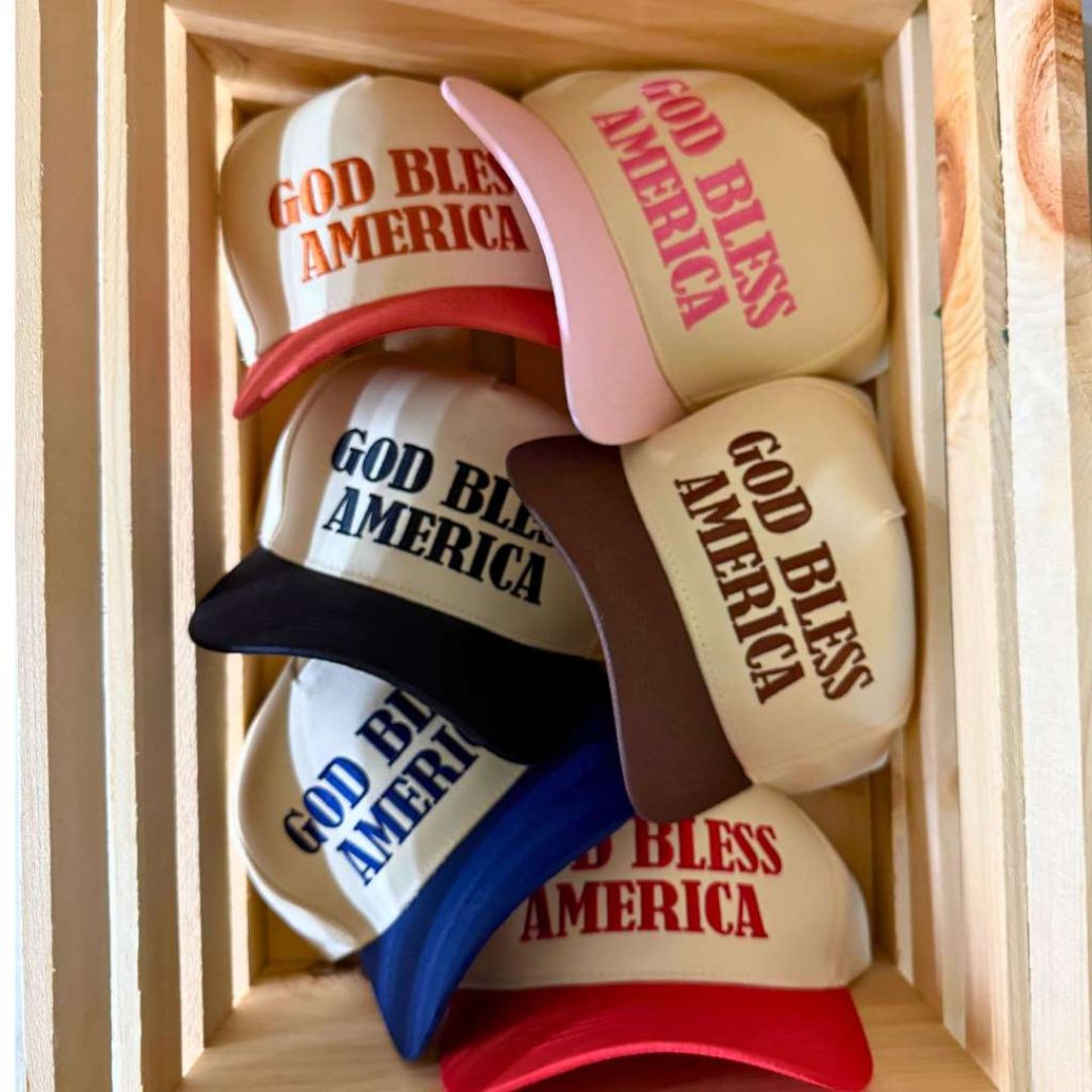 Natural Multicolor Set of Two-tone 5-panel baseball hats with "God Bless America" embroidered on the front, structured crown and snapback closure โ DSY Lifestyle