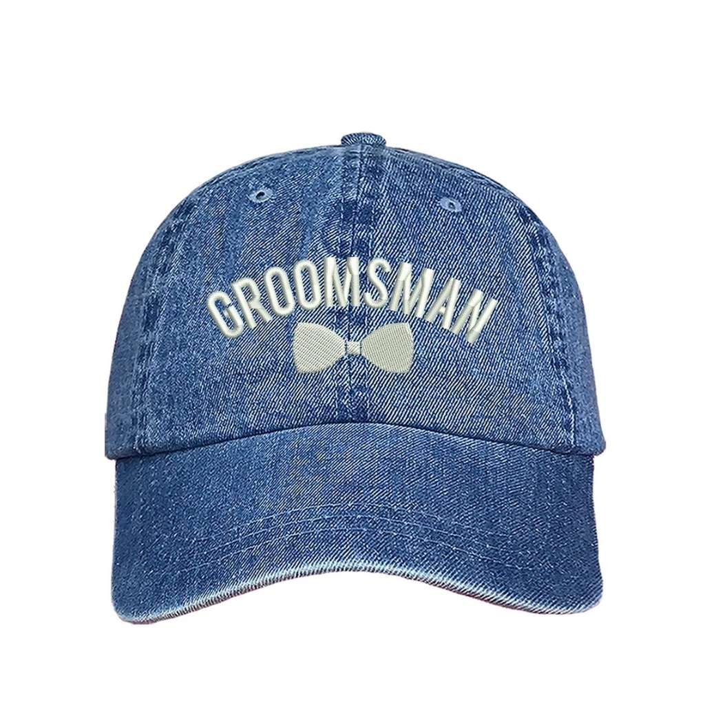 Light Denim stylish embroidered baseball hat featuring the word Groomsman with a bow design, perfect for grooms celebrating their wedding journey in a trendy way - DSY Lifestyle