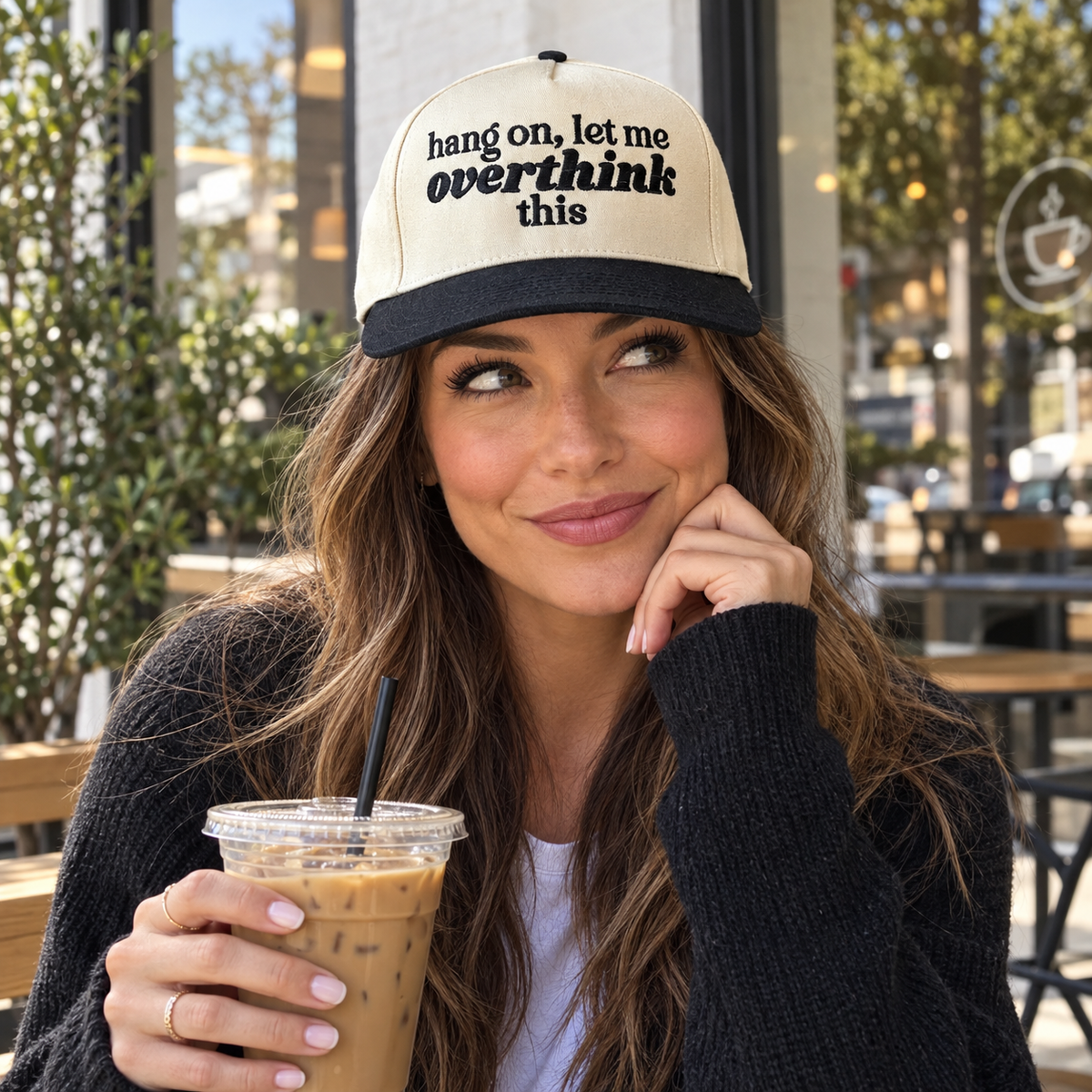 Model wearing the Hang On, Let Me Overthink This embroidered two-tone trucker hat