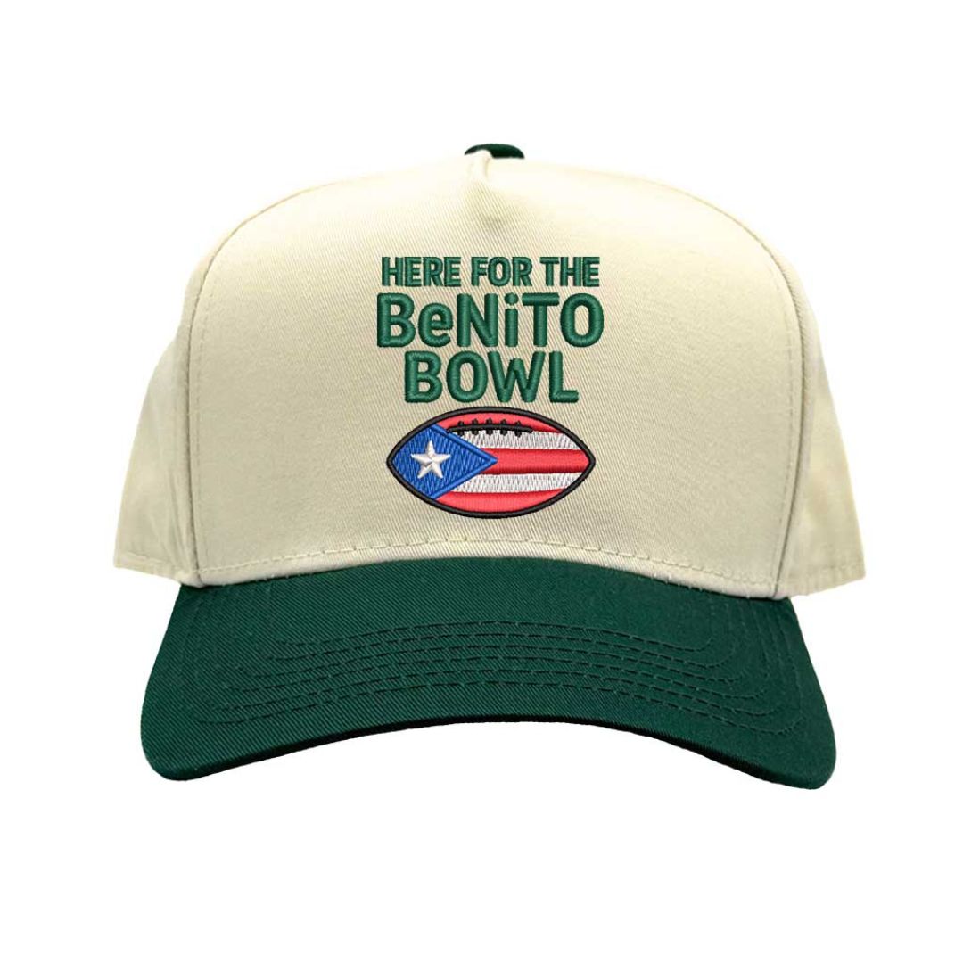 Natural Forest Green Here for the Benito Bowl embroidered two-tone 5-panel baseball hat with snapback closure inspired by Bad Bunny concert style – DSY Lifestyle.