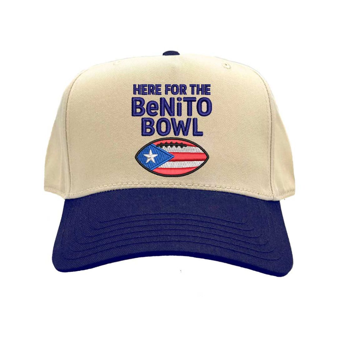 Natural Navy Blue Here for the Benito Bowl embroidered two-tone 5-panel baseball hat with snapback closure inspired by Bad Bunny concert style – DSY Lifestyle.
