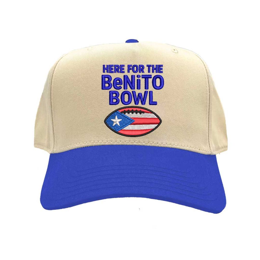 Natural Royal Blue Here for the Benito Bowl embroidered two-tone 5-panel baseball hat with snapback closure inspired by Bad Bunny concert style – DSY Lifestyle.