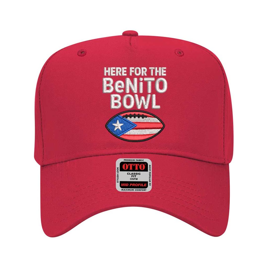 Solid Red Here for the Benito Bowl embroidered two-tone 5-panel baseball hat with snapback closure inspired by Bad Bunny concert style – DSY Lifestyle.