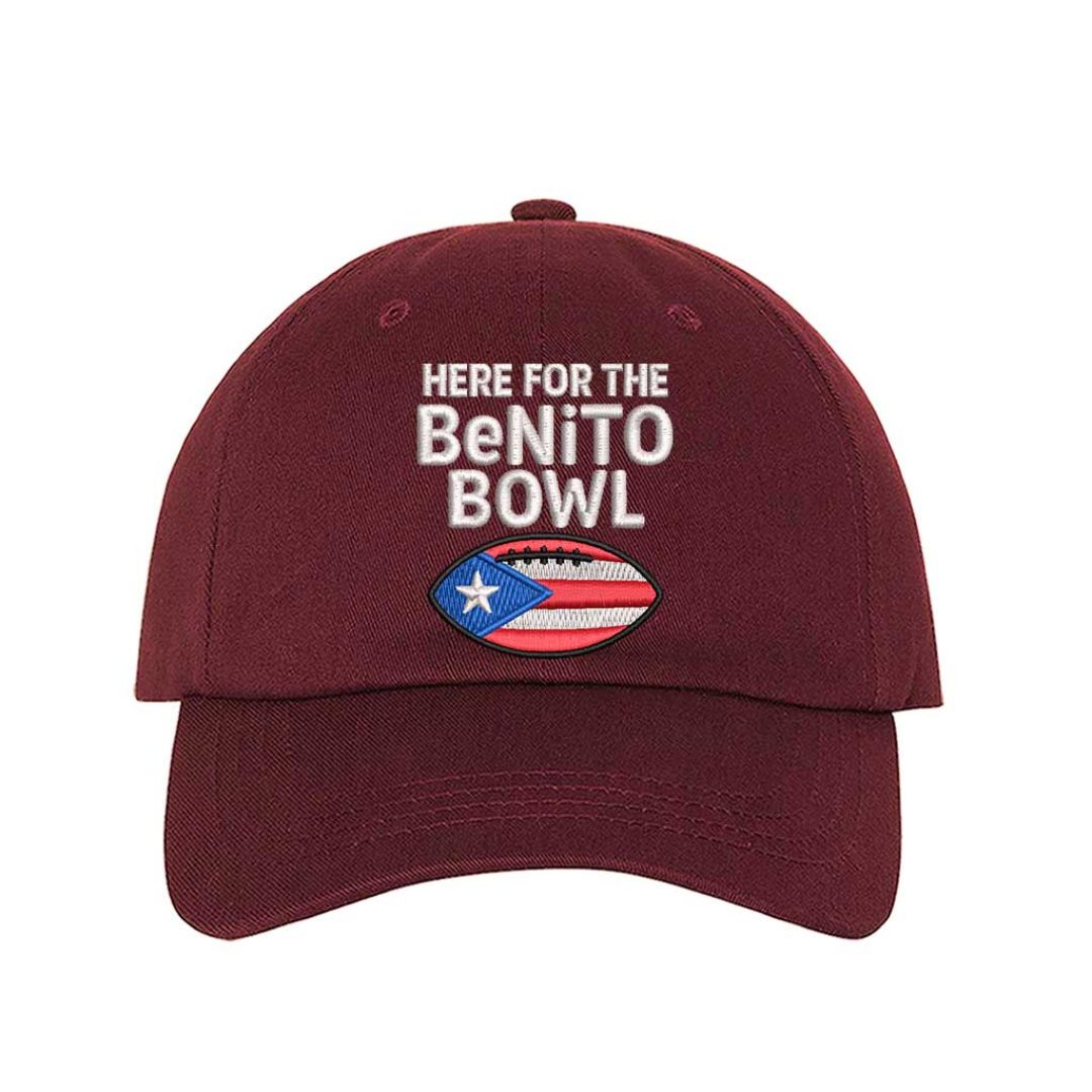 Burgundy Here For The Benito Bowl Embroidered Baseball Hat with premium embroidery and adjustable hook-and-loop closure perfect for Bad Bunny fans – DSY Lifestyle