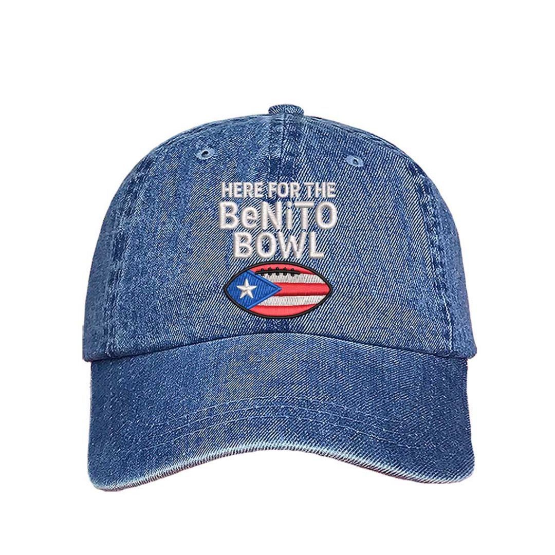 Light Denim Here For The Benito Bowl Embroidered Baseball Hat with premium embroidery and adjustable hook-and-loop closure perfect for Bad Bunny fans – DSY Lifestyle