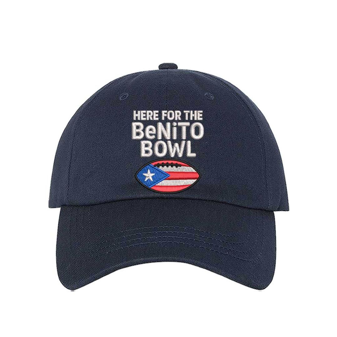 Navy Blue Here For The Benito Bowl Embroidered Baseball Hat with premium embroidery and adjustable hook-and-loop closure perfect for Bad Bunny fans – DSY Lifestyle