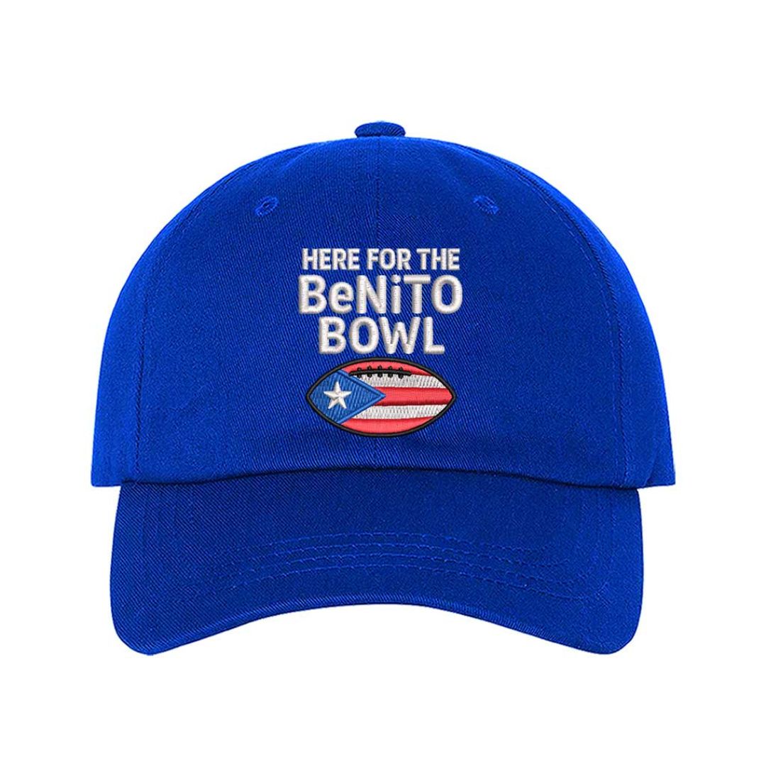 Royal Blue Here For The Benito Bowl Embroidered Baseball Hat with premium embroidery and adjustable hook-and-loop closure perfect for Bad Bunny fans – DSY Lifestyle