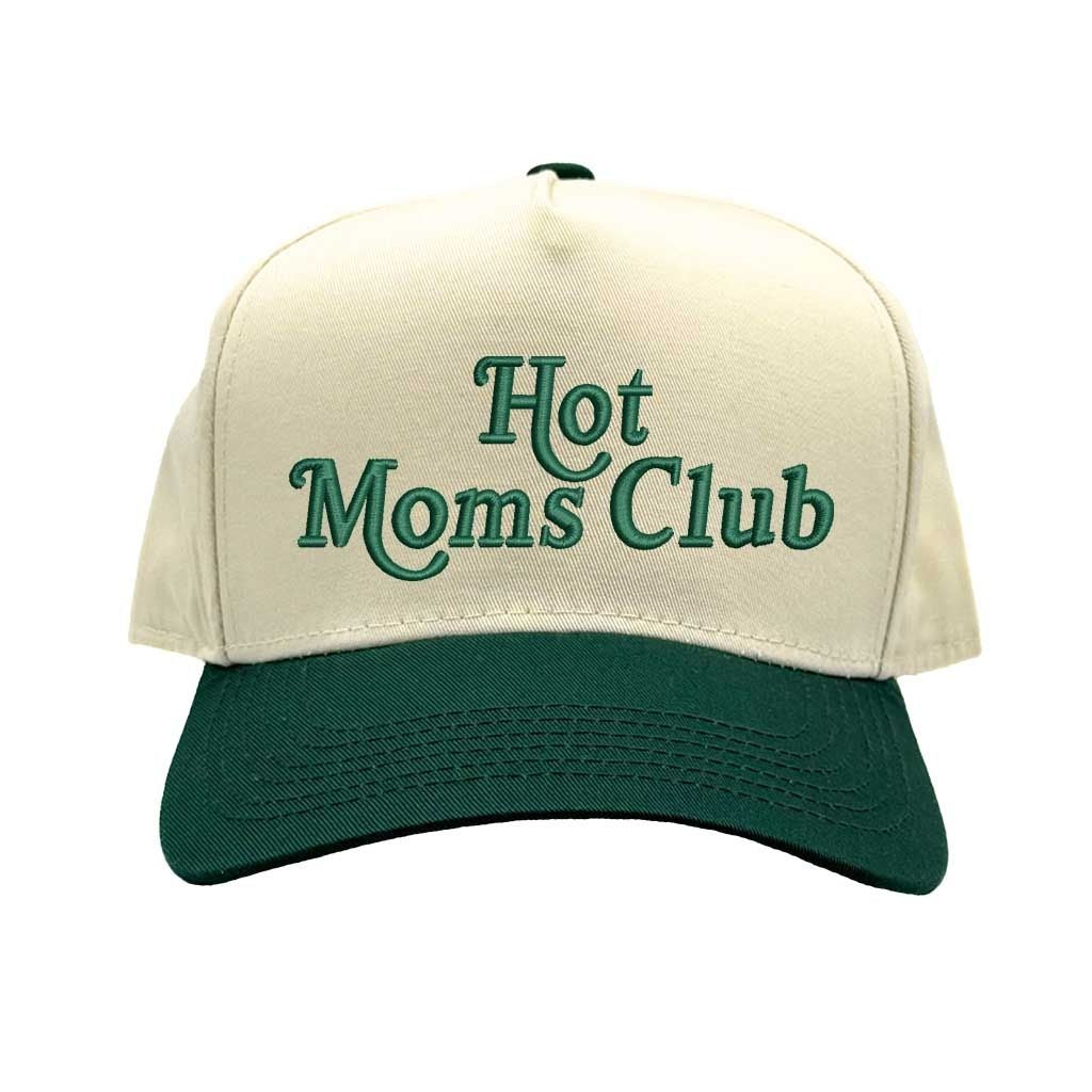 Natural Forest Green Hot Moms Club two tone 5 panel embroidered baseball hat with adjustable strap and bold embroidered design. - DSY Lifestyle