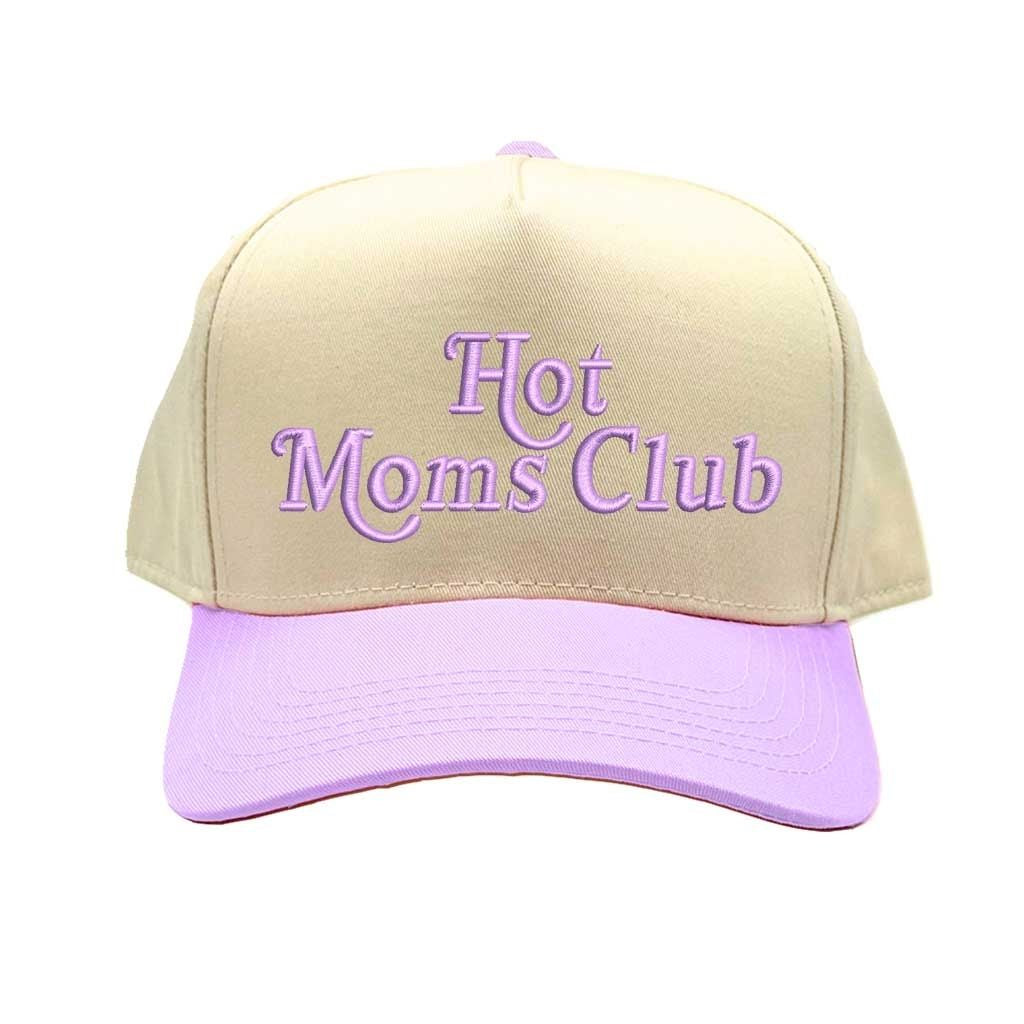 Natural Lavender Hot Moms Club two tone 5 panel embroidered baseball hat with adjustable strap and bold embroidered design. - DSY Lifestyle