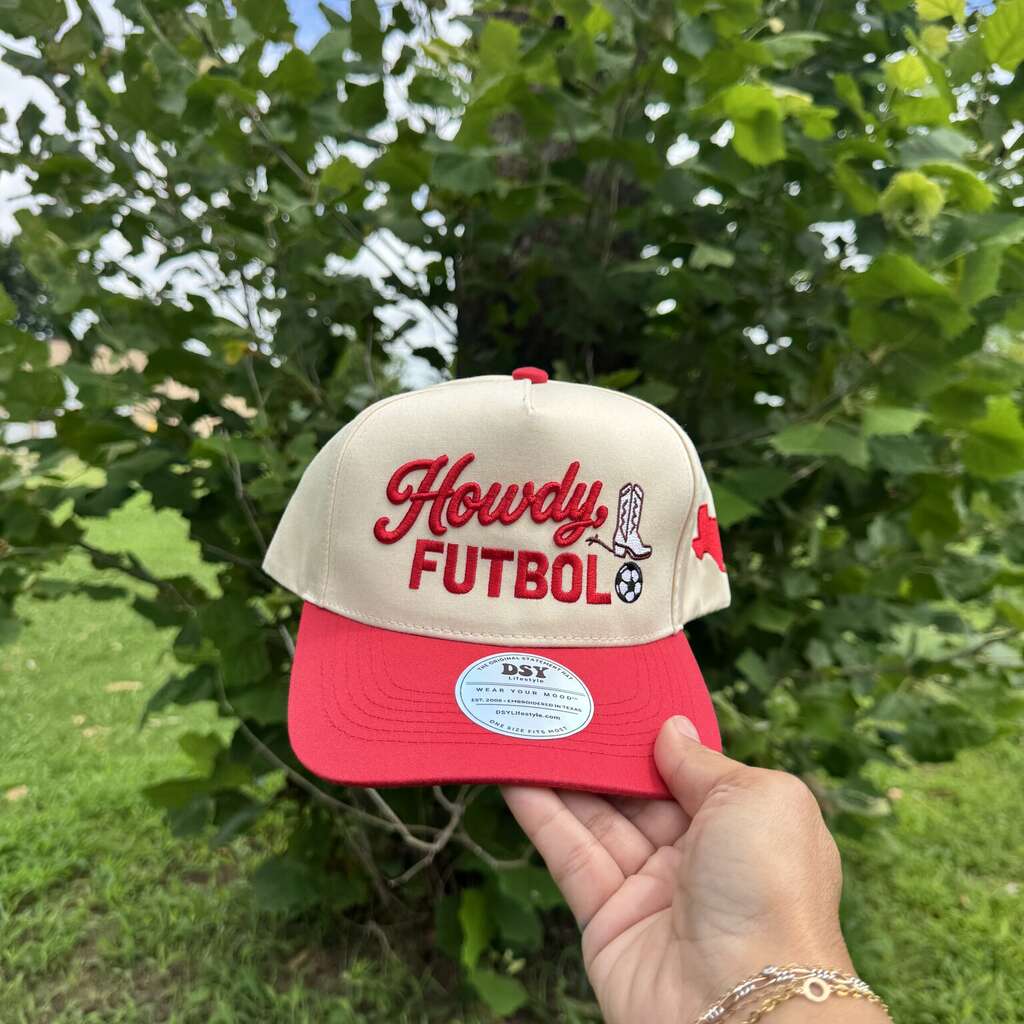 Howdy Futbol embroidered statement baseball hat in natural with red bill — DSY Lifestyle front view