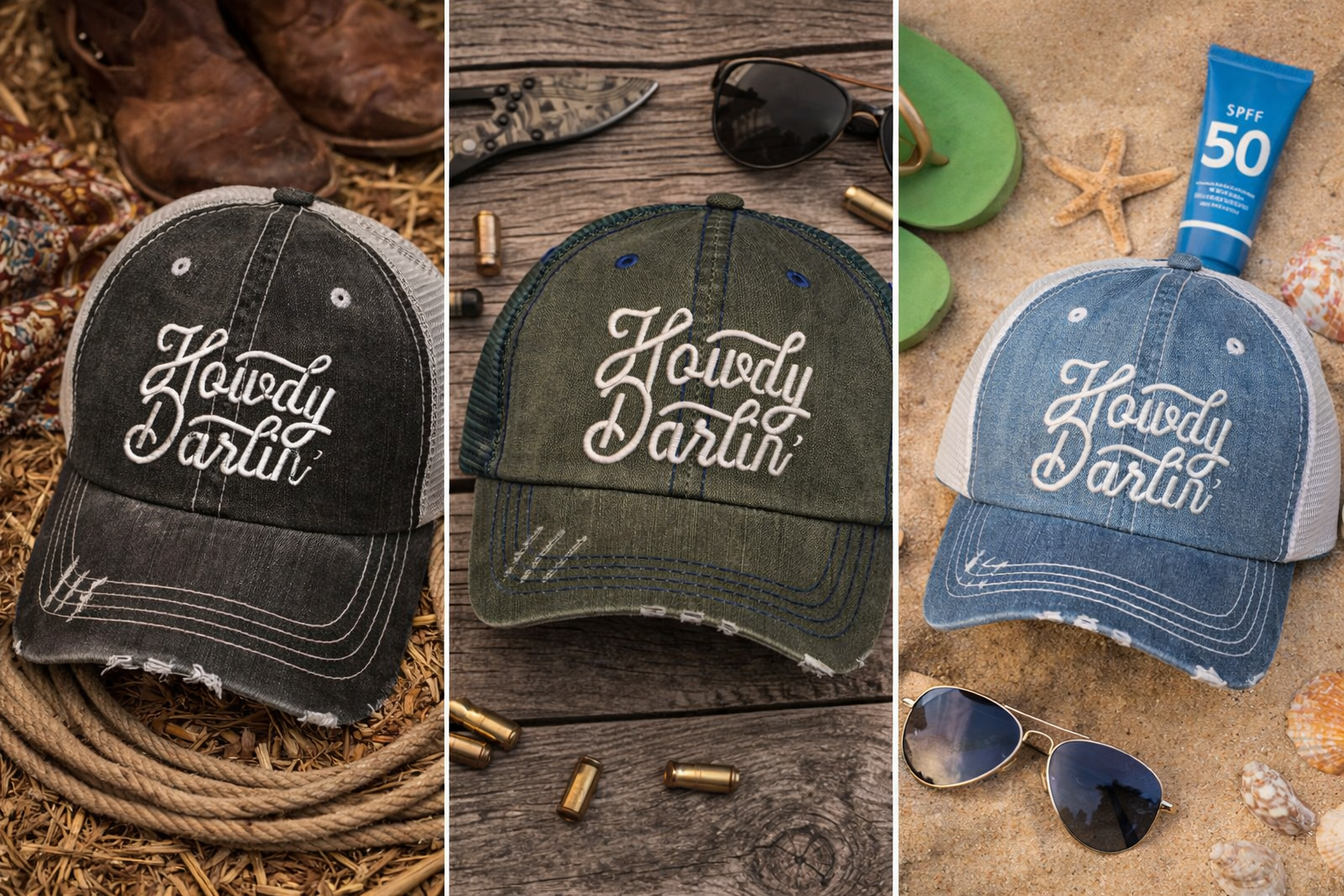 Flat lay Black, Forest Green, and Denim DSY Lifestyle distressed trucker hats featuring the words Howdy Darlin in bold western-style embroidery. - DSY Lifestyle