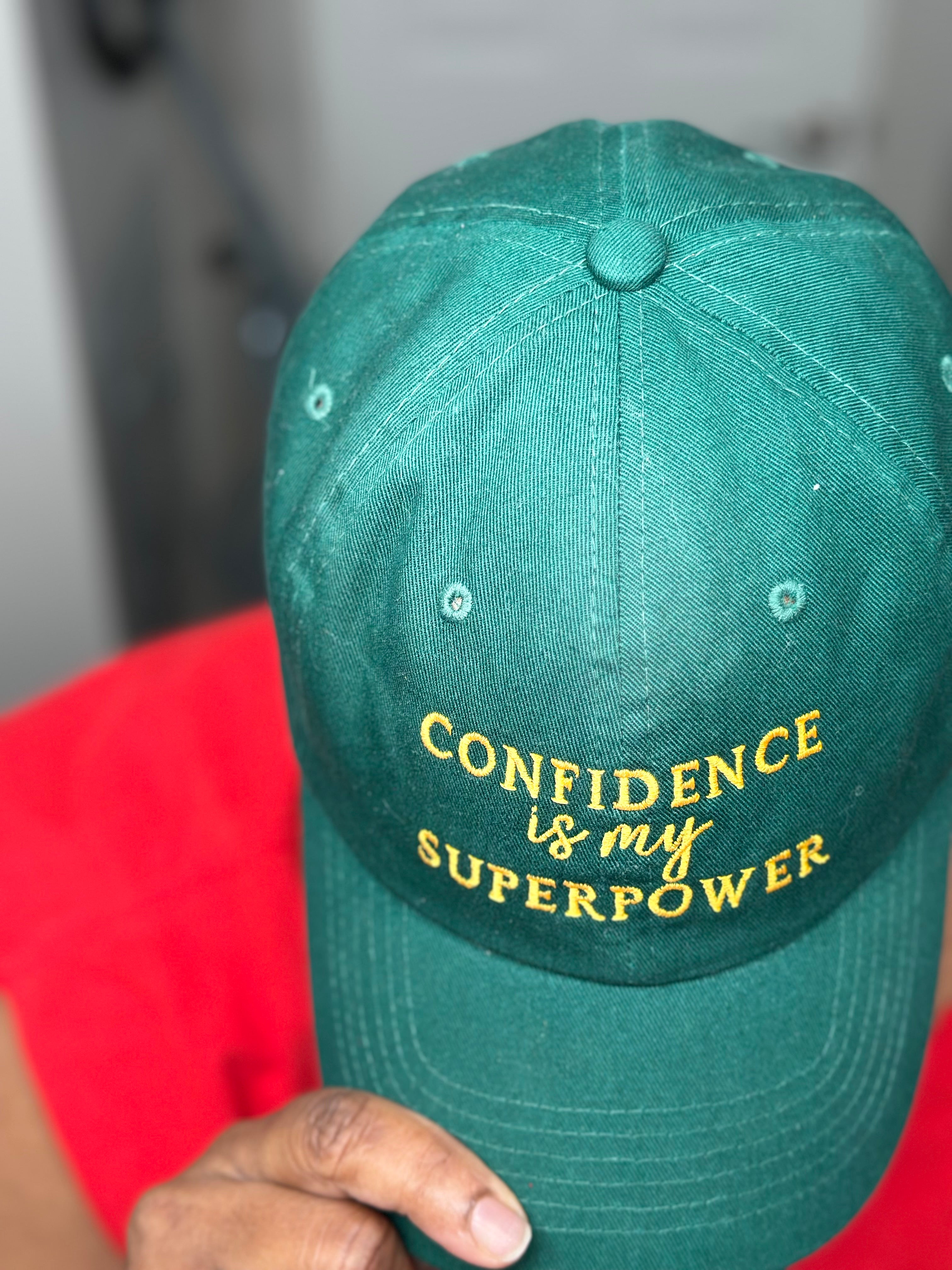 Kelly Green with gold lettering Confidence Is My Superpower Embroidered Baseball Hat – A bold statement hat with premium embroidery, perfect for those who own their confidence – DSY Lifestyle