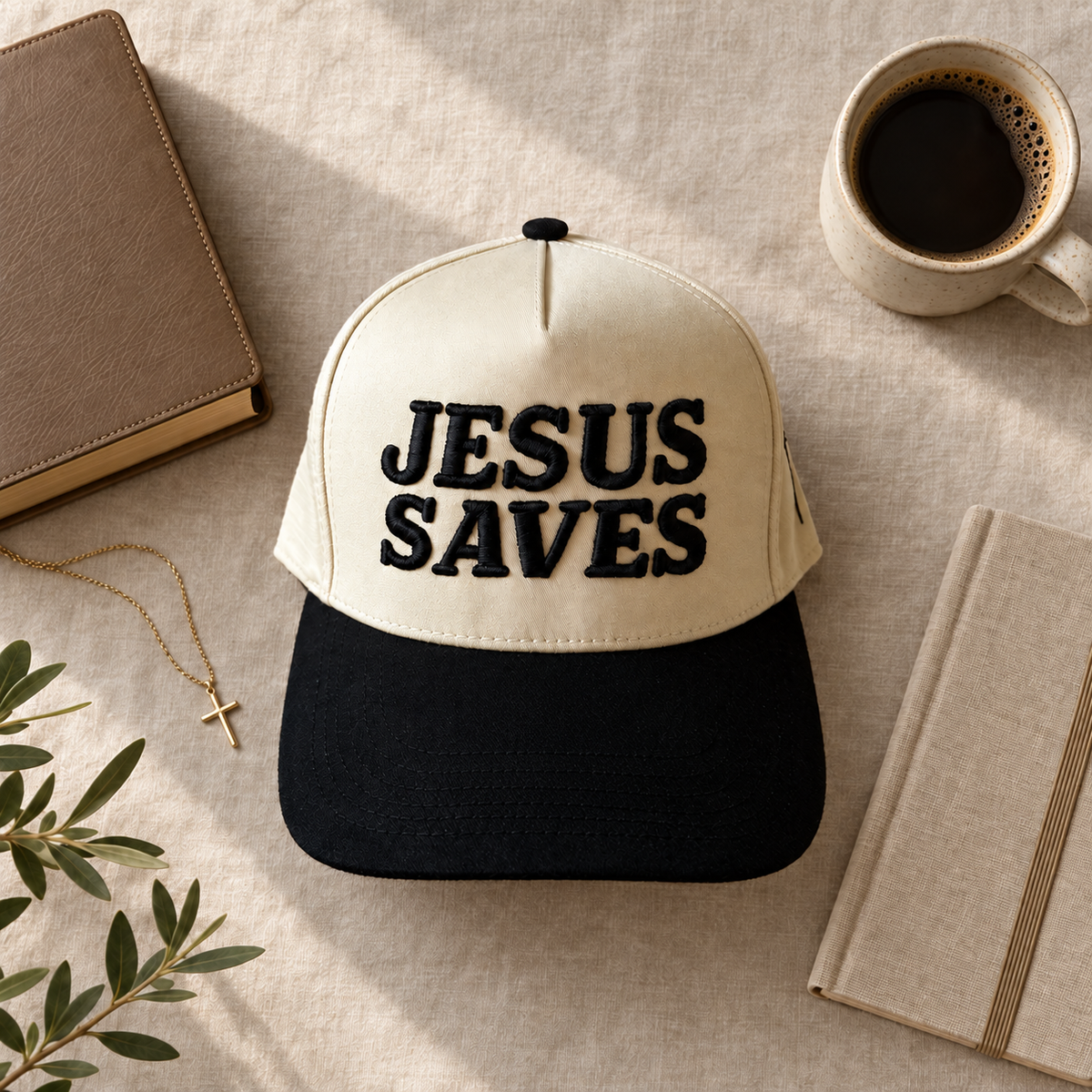 Jesus Saves two-tone embroidered trucker hat styled flat lay